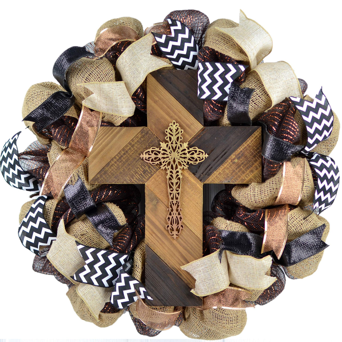 Rustic door wreath with Easter cross mesh for front door decor