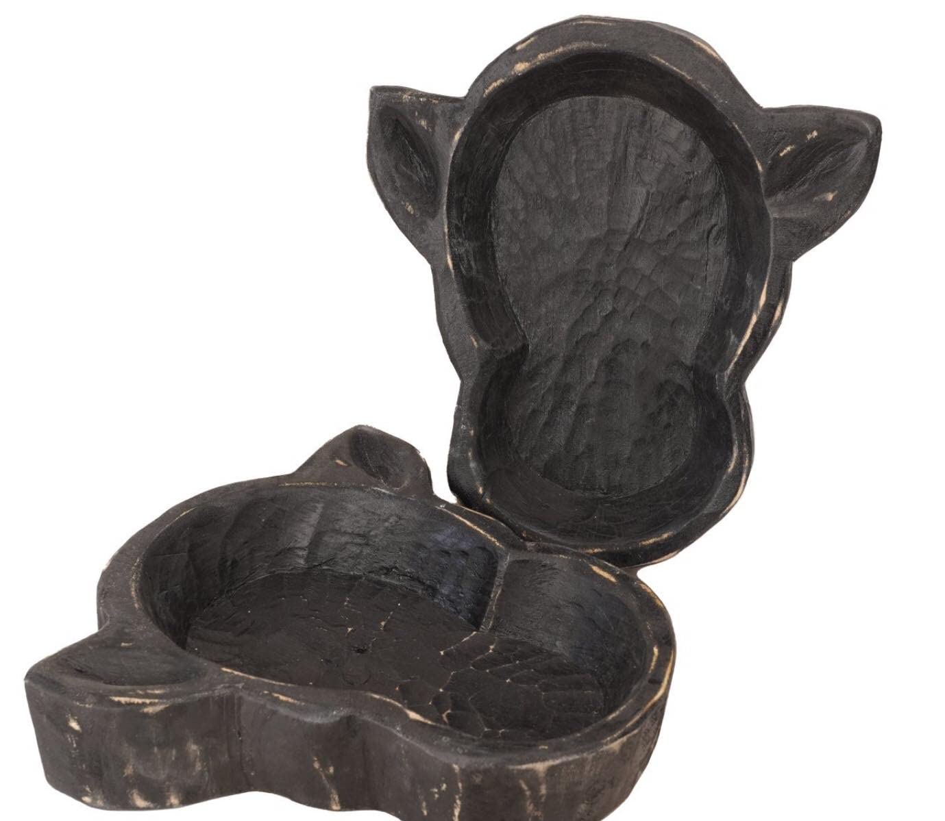Rustic wood dough bowl with carved cow head detail