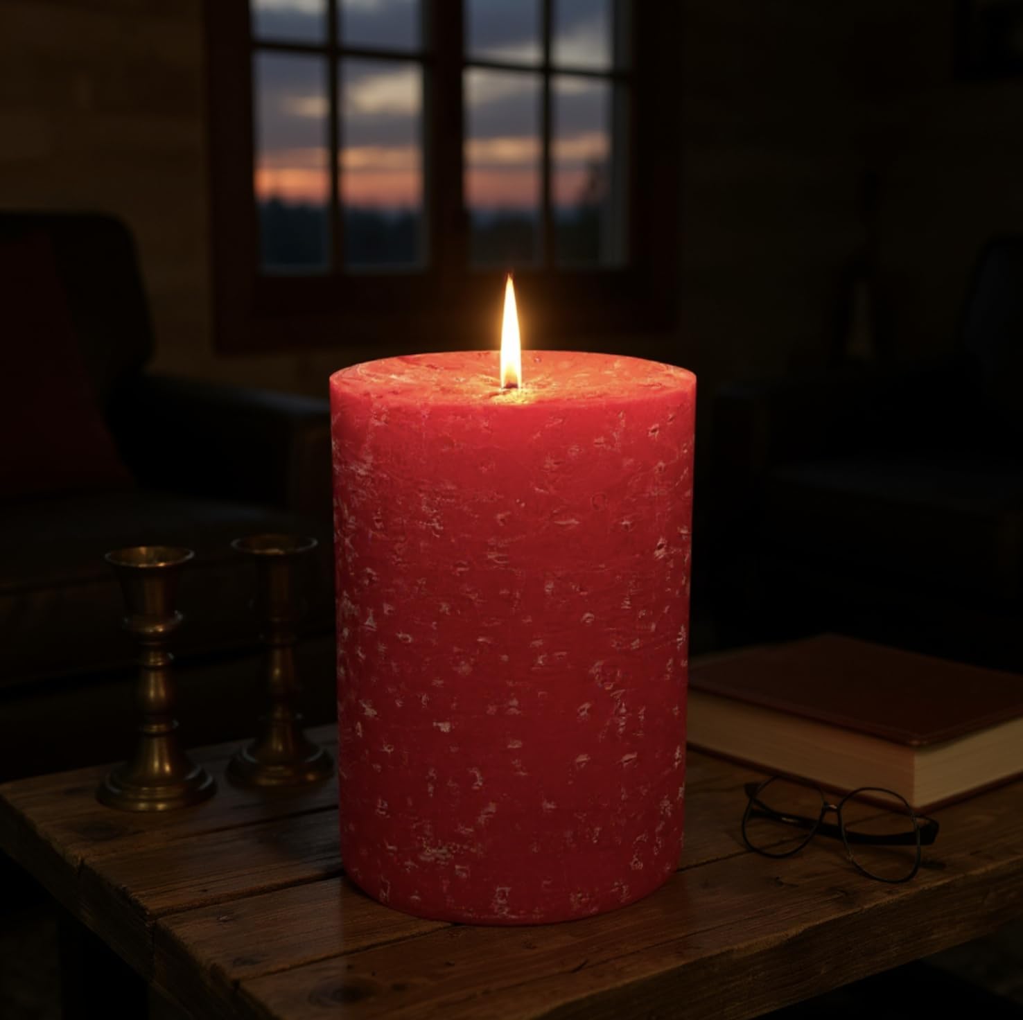 Red pillar candle on Christmas décor with cotton wick