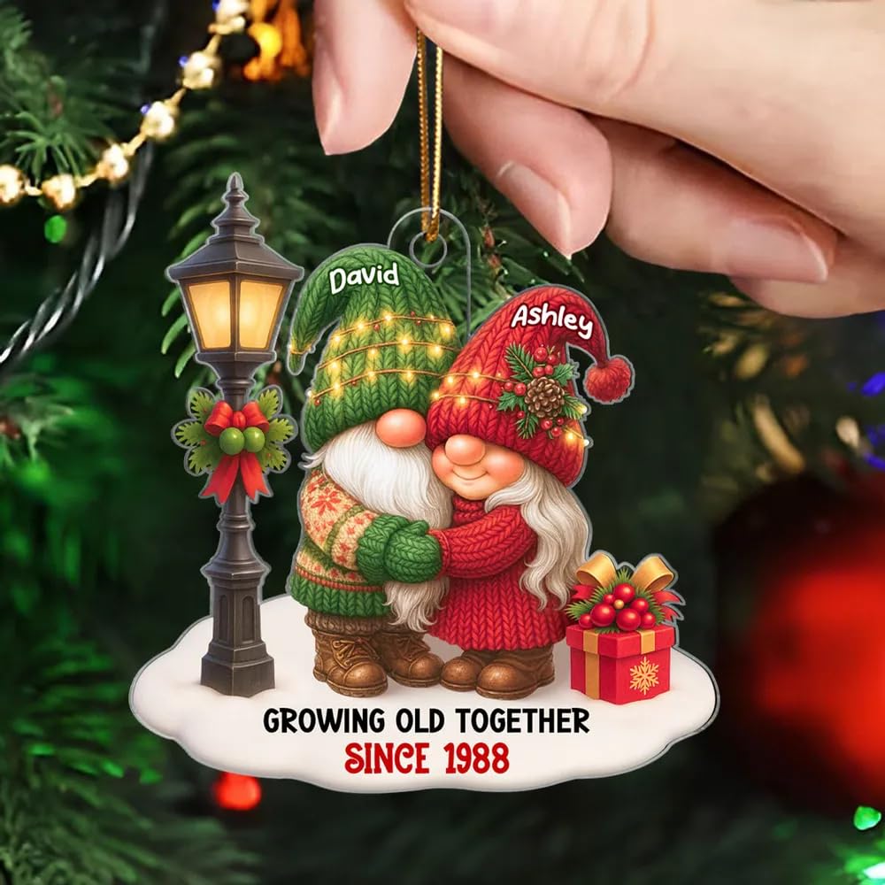 Rustic holiday decor featuring gnome couple ornament