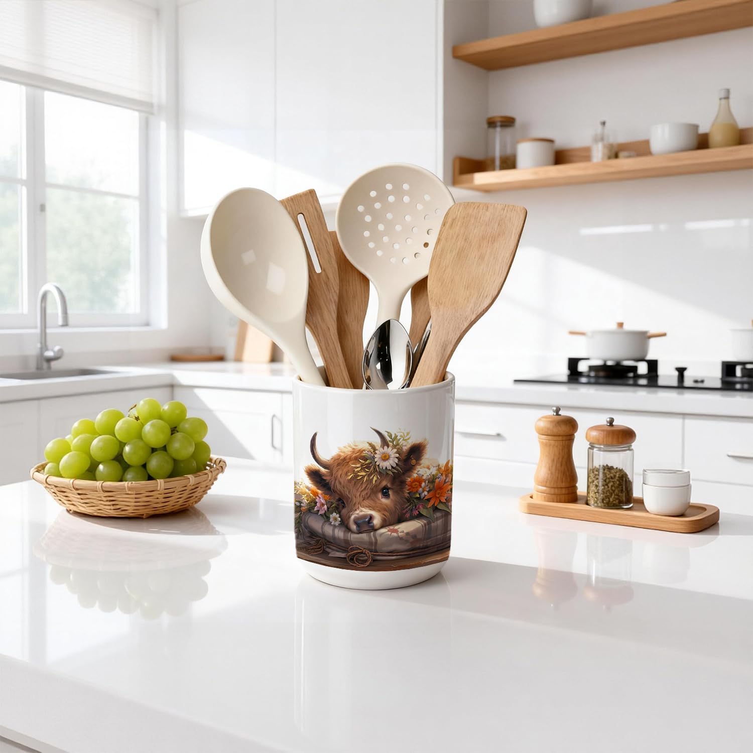 Rustic kitchen ceramic utensil holder for countertop