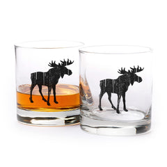 Rustic Moose Whiskey Glass Set 11oz pair by Black Lantern