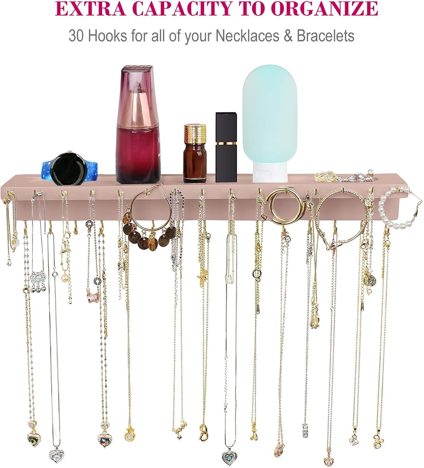 Top jewelry tray on organizer holds rings and cosmetics