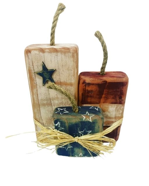 Rustic Primitive Wood Firecrackers three-piece display on shelf