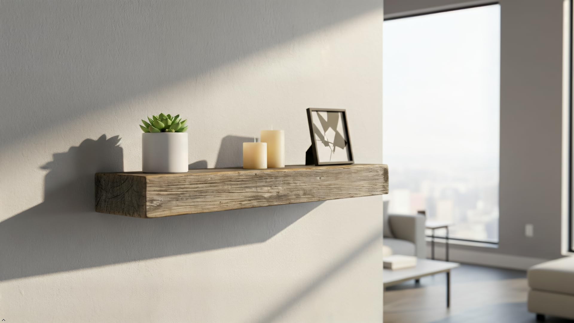 Weathered wood decor shelf with natural grain close up