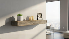 Weathered wood decor shelf with natural grain close up