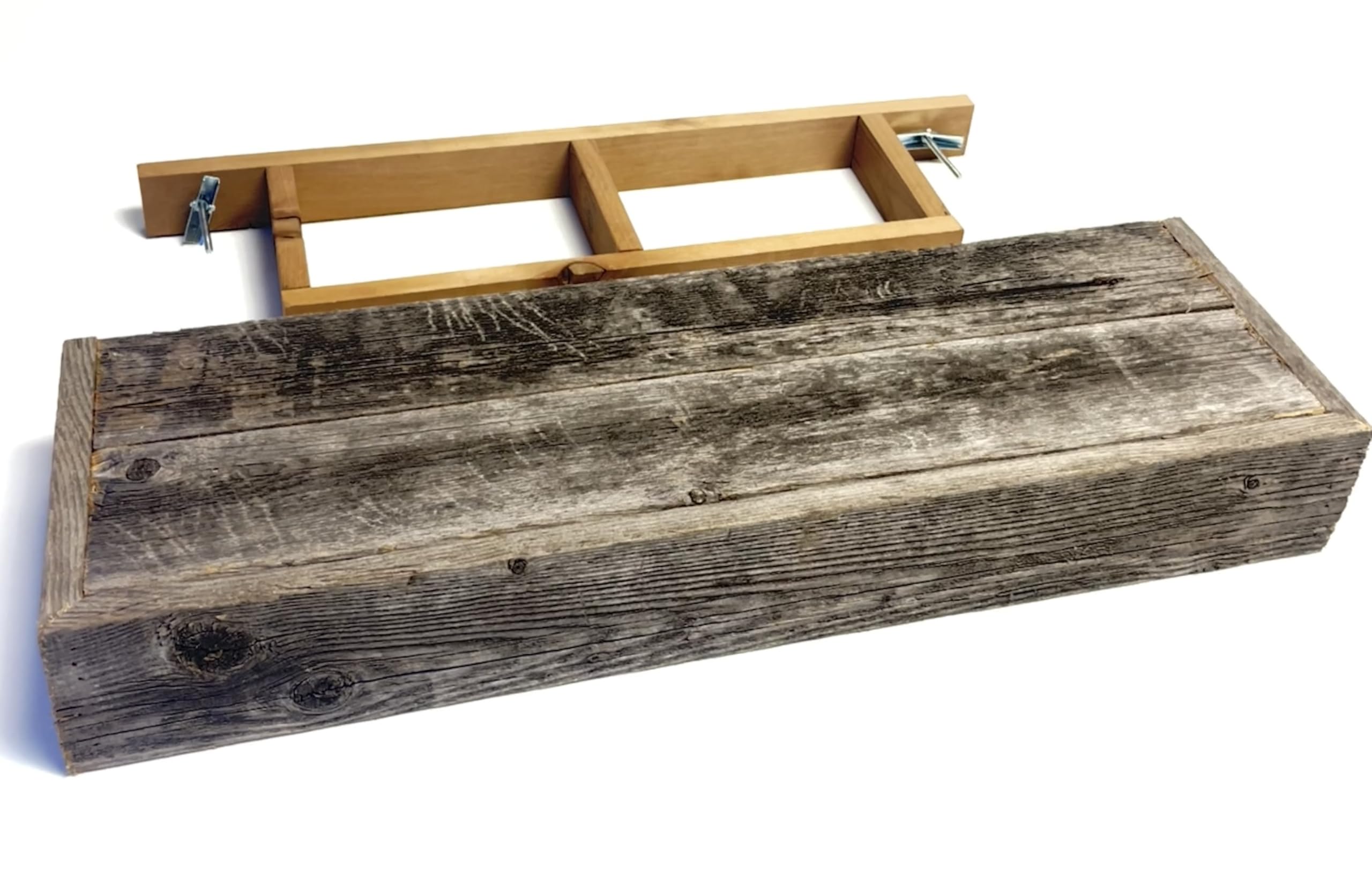 Sustainable authentic weathered barnwood shelf detail