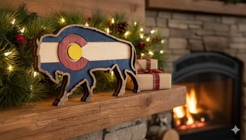 Hand-painted rustic finish on Colorado buffalo flag art