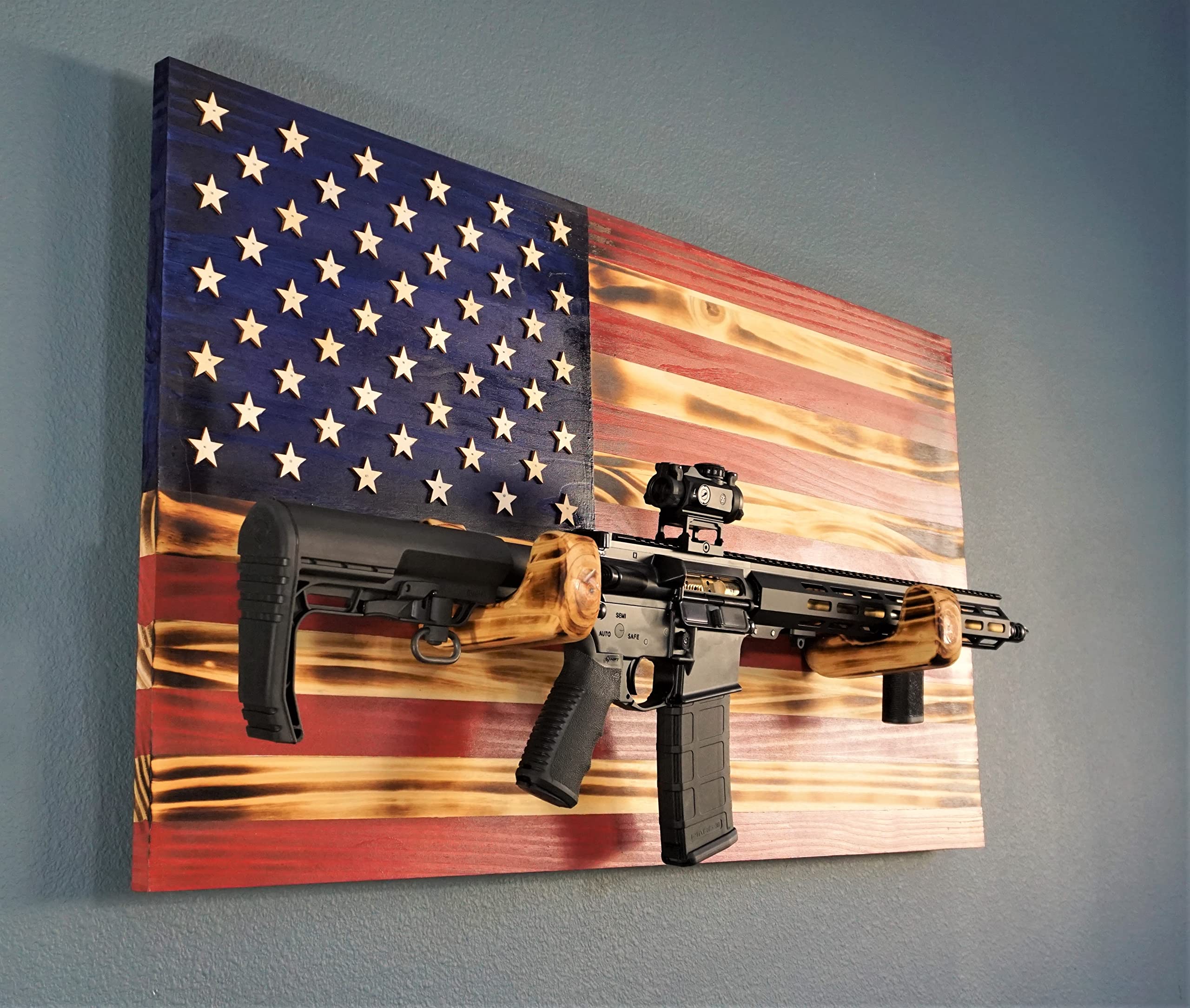Handmade American flag display in rustic wood