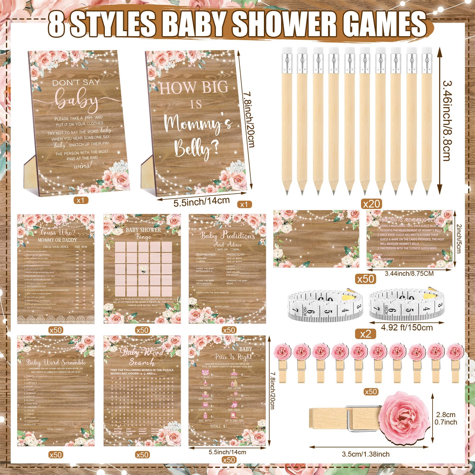 Dont say baby shower sign with wooden clothespins and pencils
