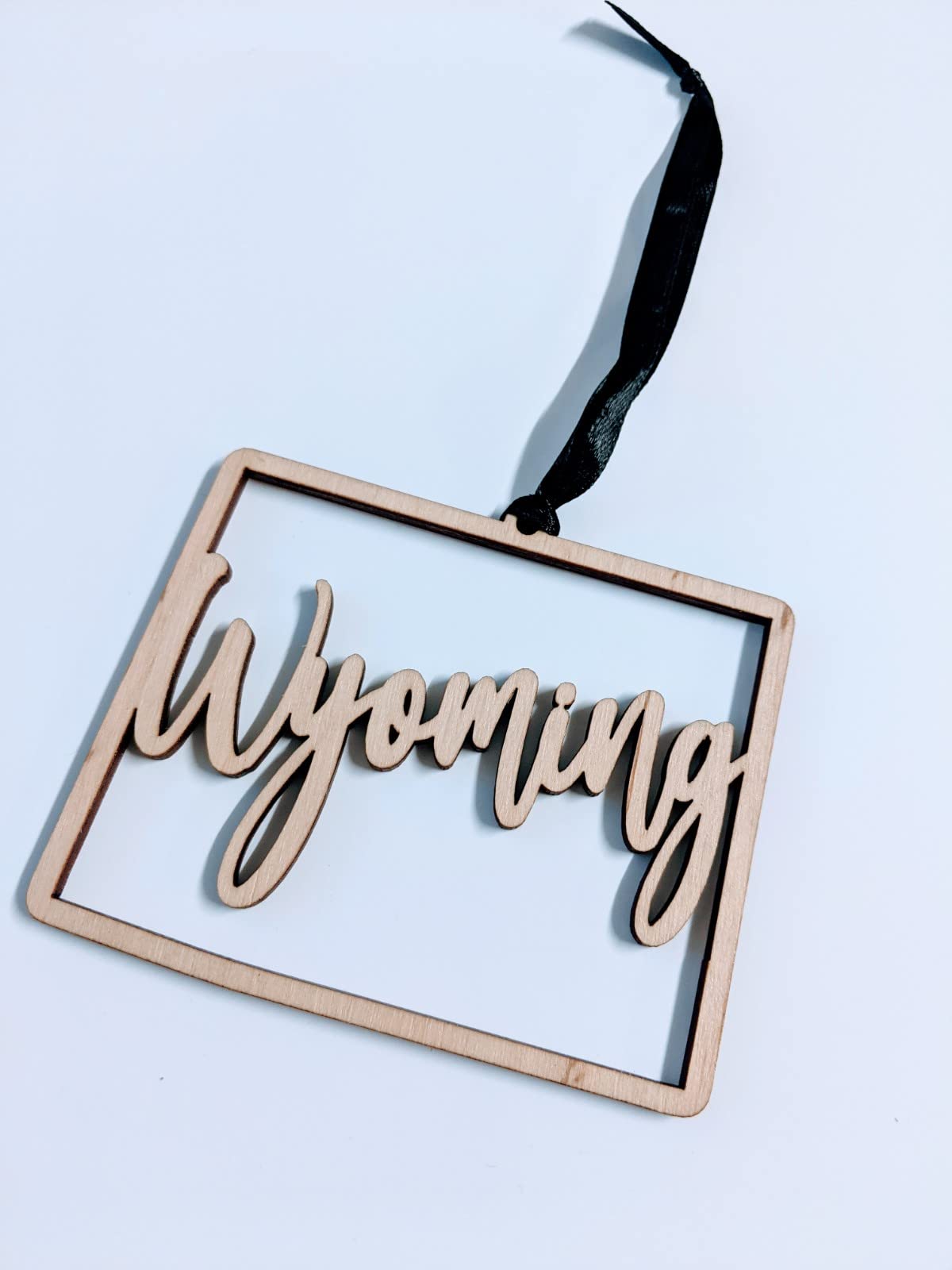 Laser cut wood Wyoming ornament 4 l x 3 h x 0.25 in depth