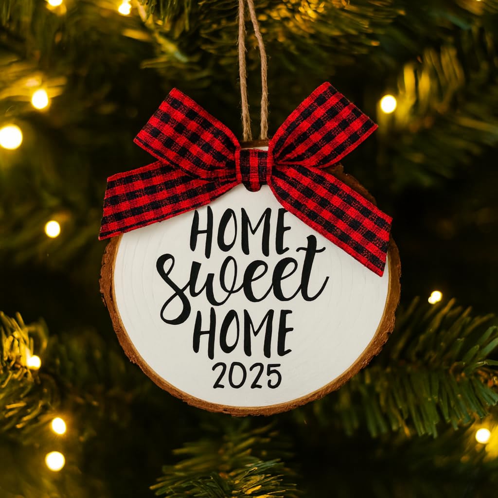 White and red buffalo check accent on New Home Ornament 2025