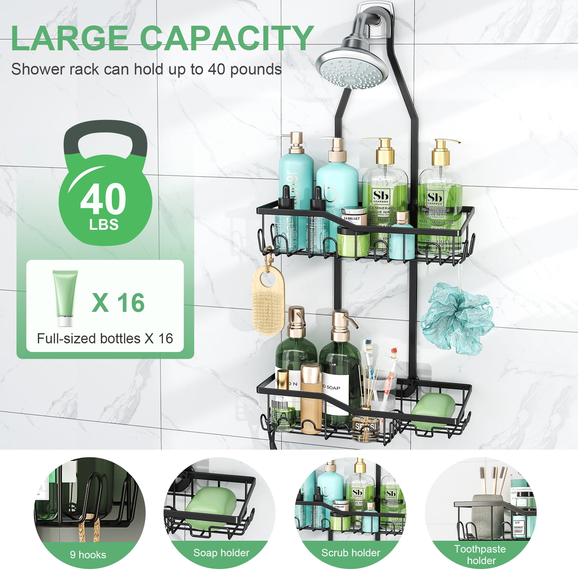 Anti-swing shower rack with rubber pads for stability