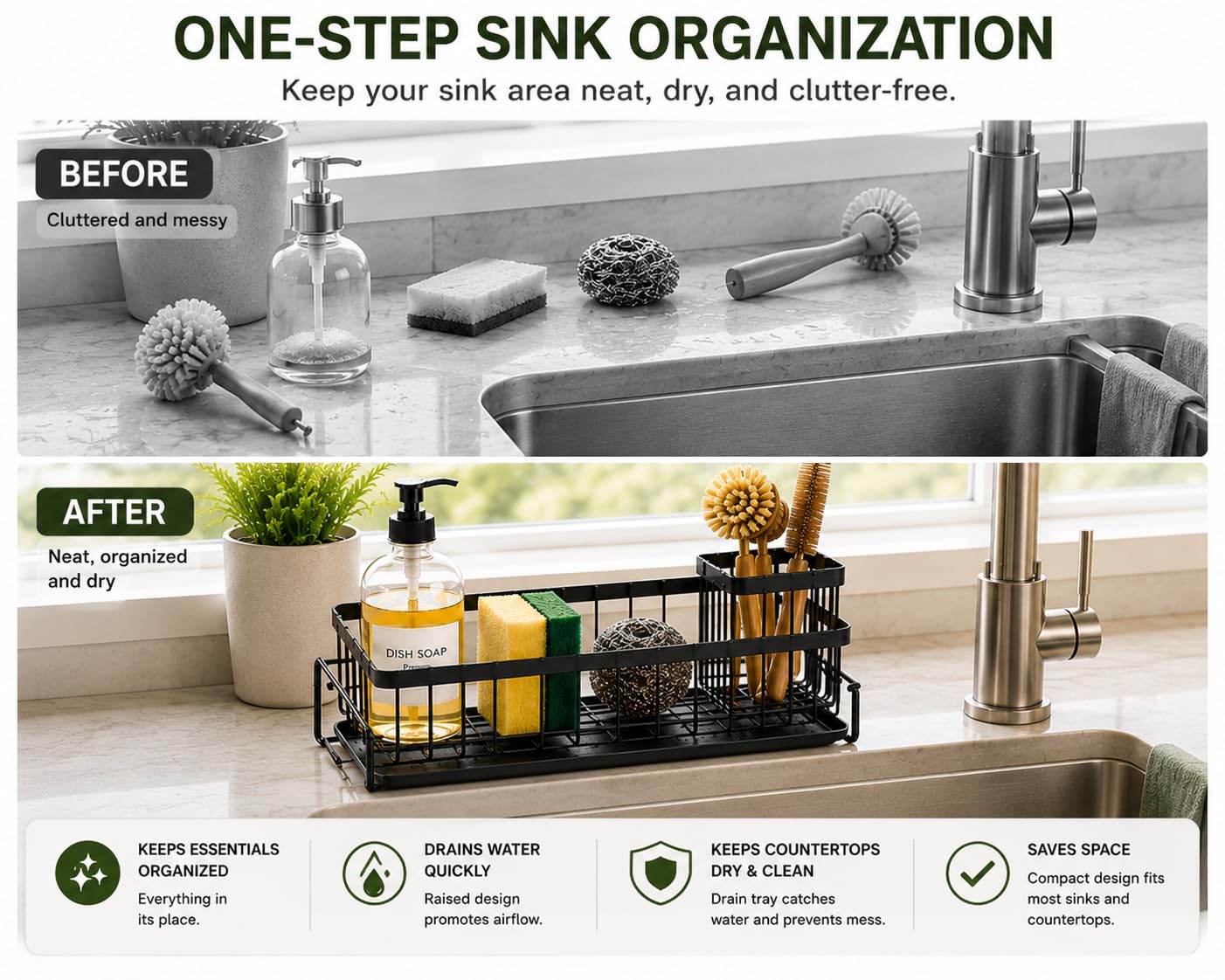 Soap dispenser storage on open-wire carbon steel caddy beside sink