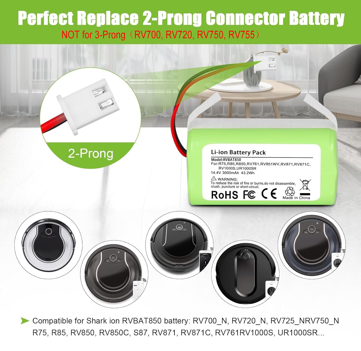 2-prong connector compatible RVBAT850 battery
