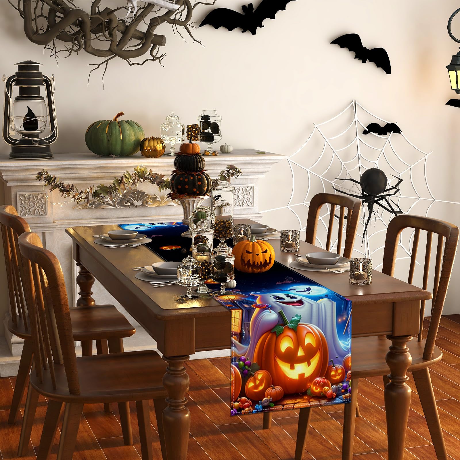Buffet table runner with retro horror vibe and ghost pumpkin
