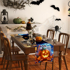 Buffet table runner with retro horror vibe and ghost pumpkin