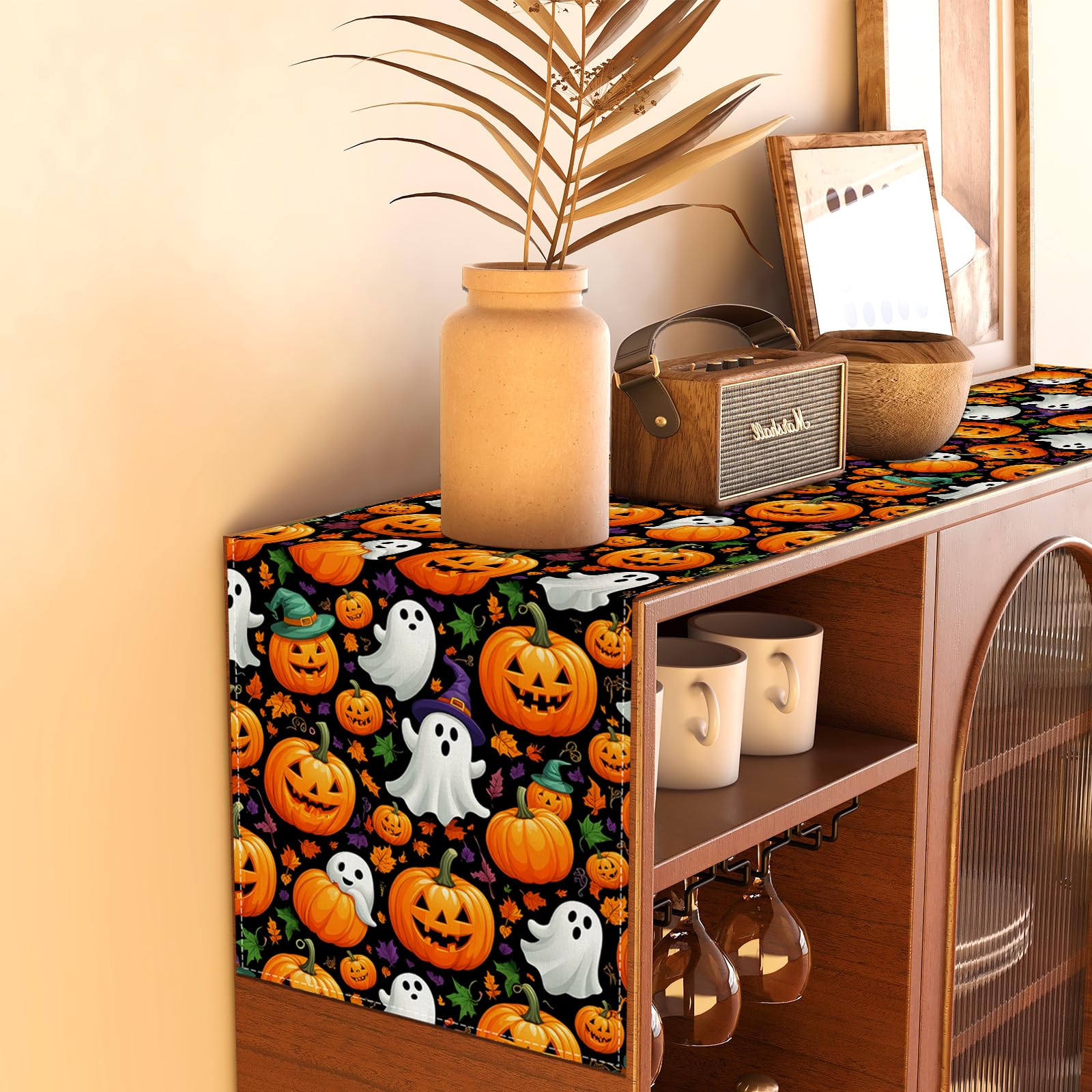 Ghost pumpkin design on table runner for home decor