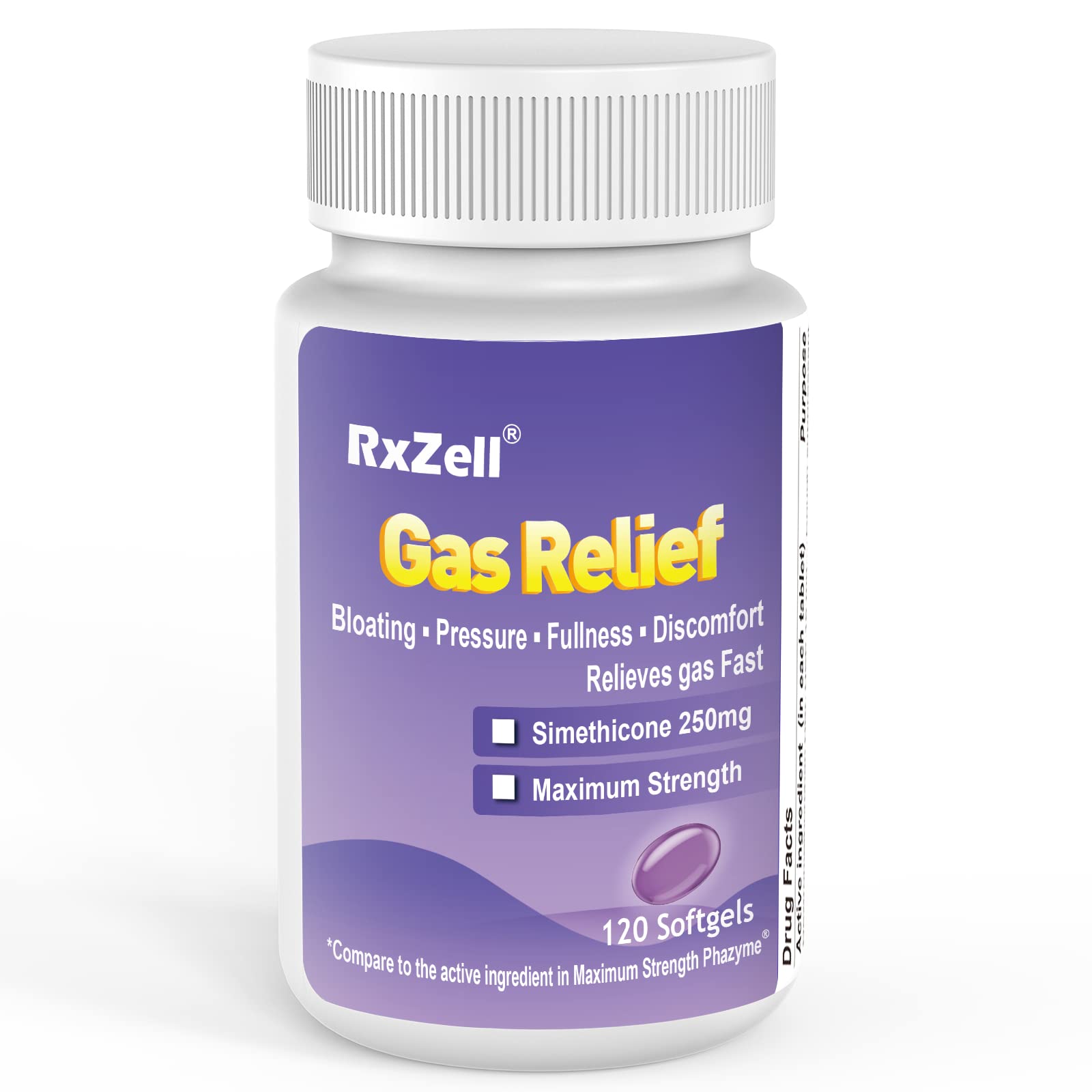 RXZELL Gas Relief Simethicone 250mg 120 Softgels bottle
