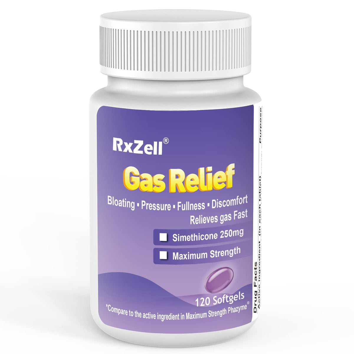 RXZELL Gas Relief Simethicone 250mg 120 Softgels bottle