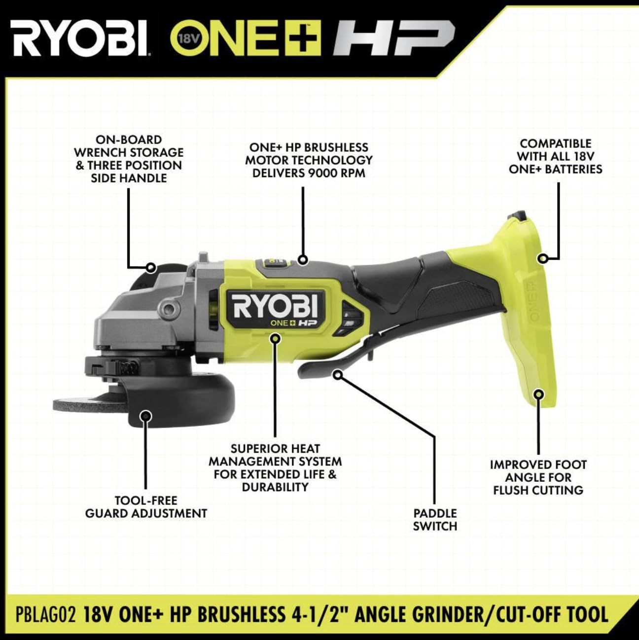 Ryobi cordless angle grinder 4-1/2 in 18V brushless kit with battery A