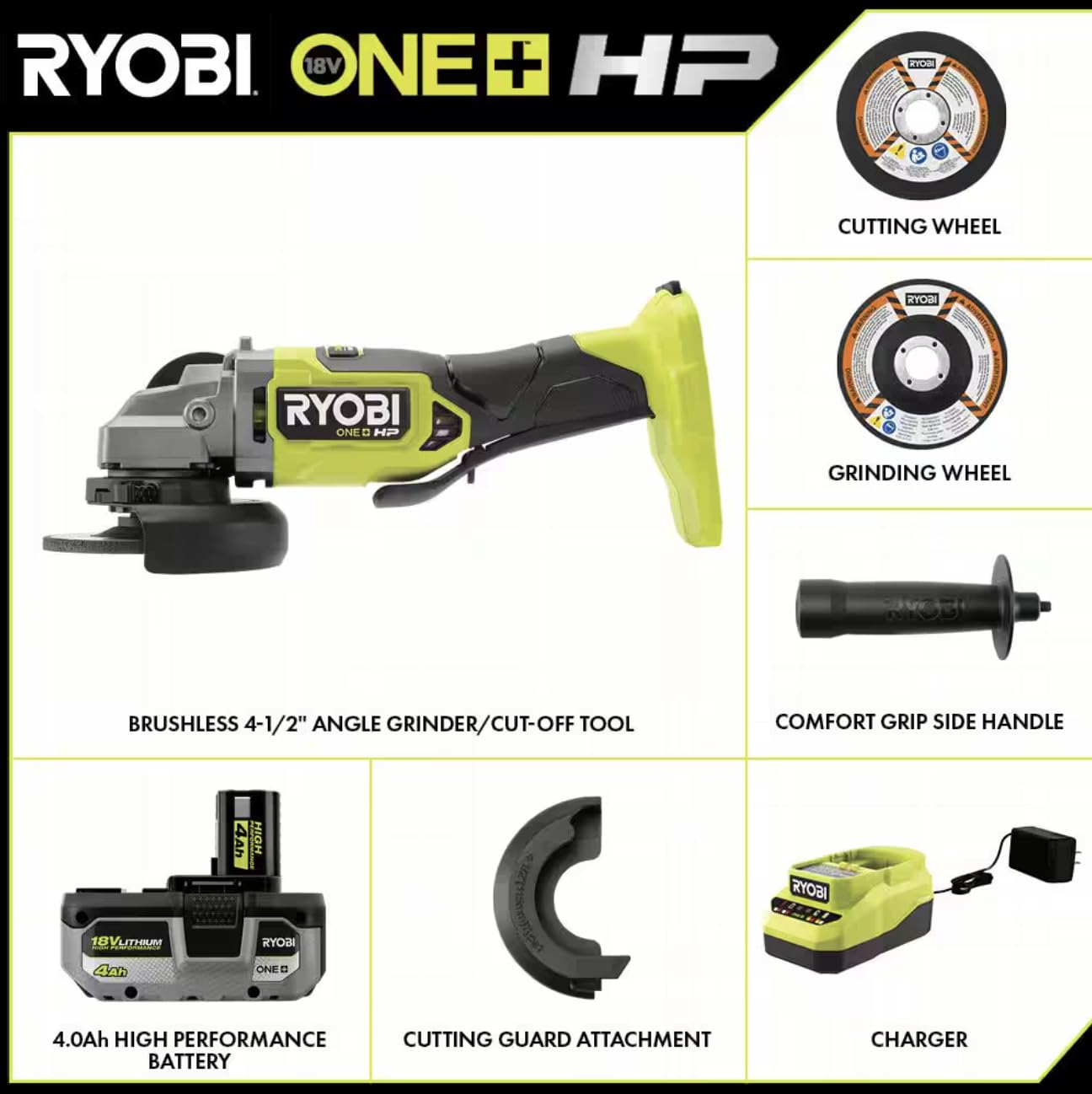 Ryobi angle grinder kit 4-1/2 inch 18V brushless model with battery A
