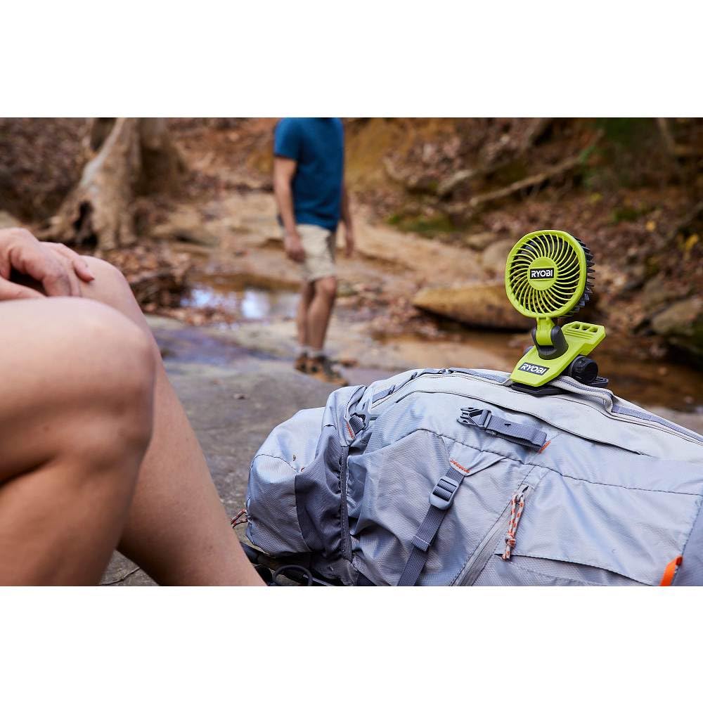 Ryobi clamp fan with pivoting head and base for directed airflow