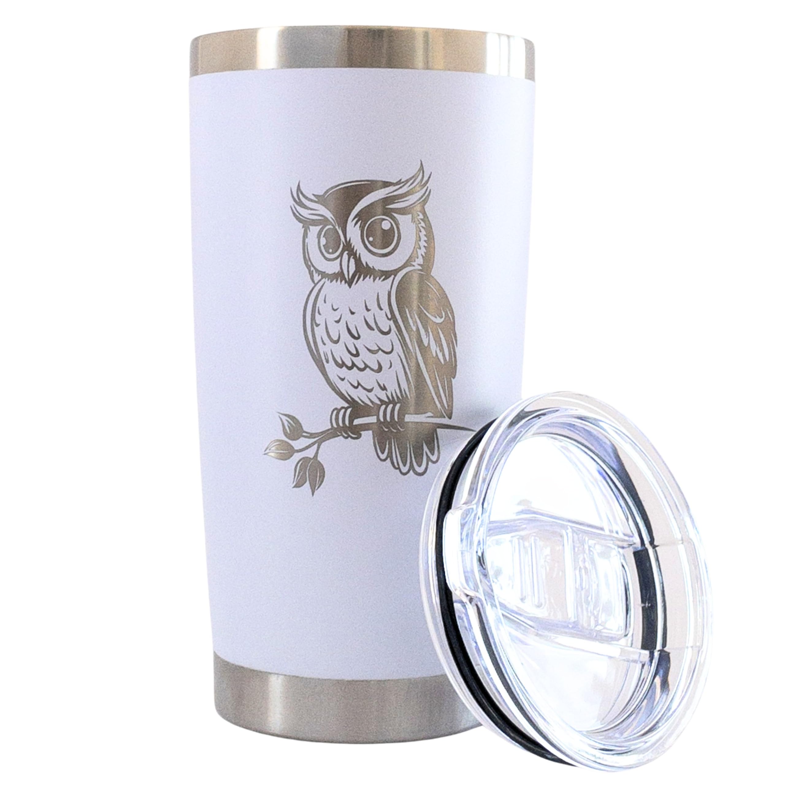 Sacha & Co Owl Tumbler 20 oz white stainless steel with laser engraving