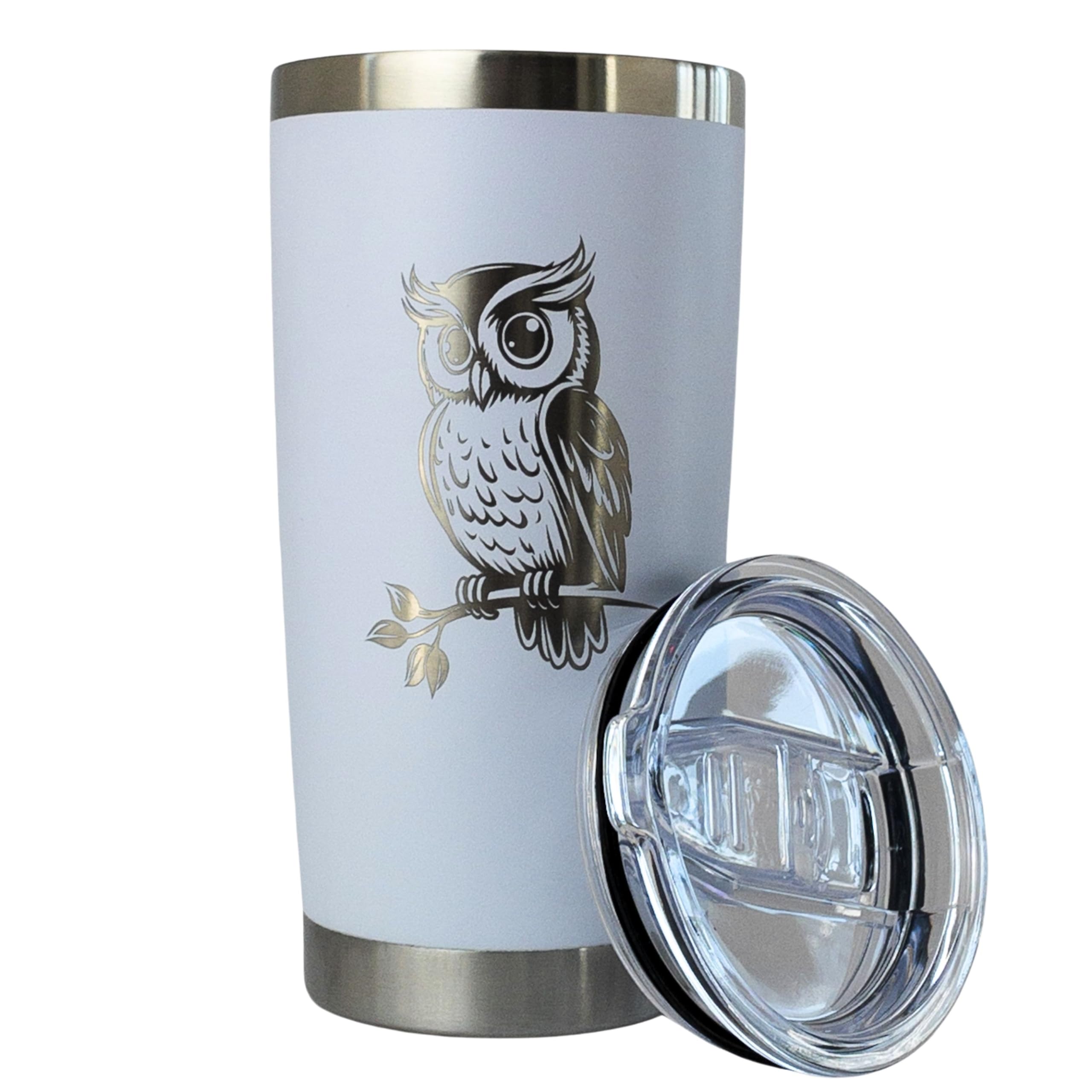 Laser engraved owl design on stainless steel tumbler 20 oz