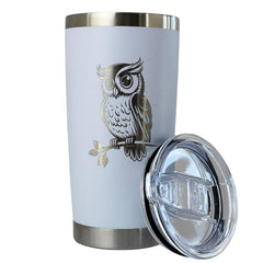 Laser engraved owl design on stainless steel tumbler 20 oz