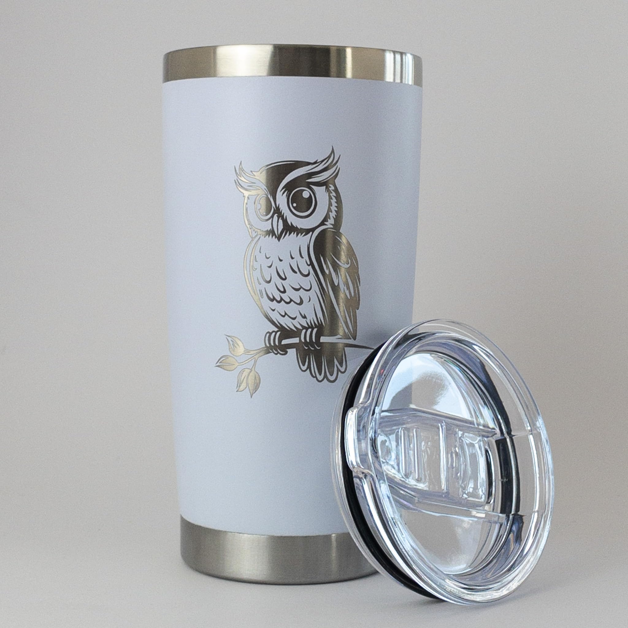 Exterior of Sacha & Co Owl Tumbler showing condensation-free finish