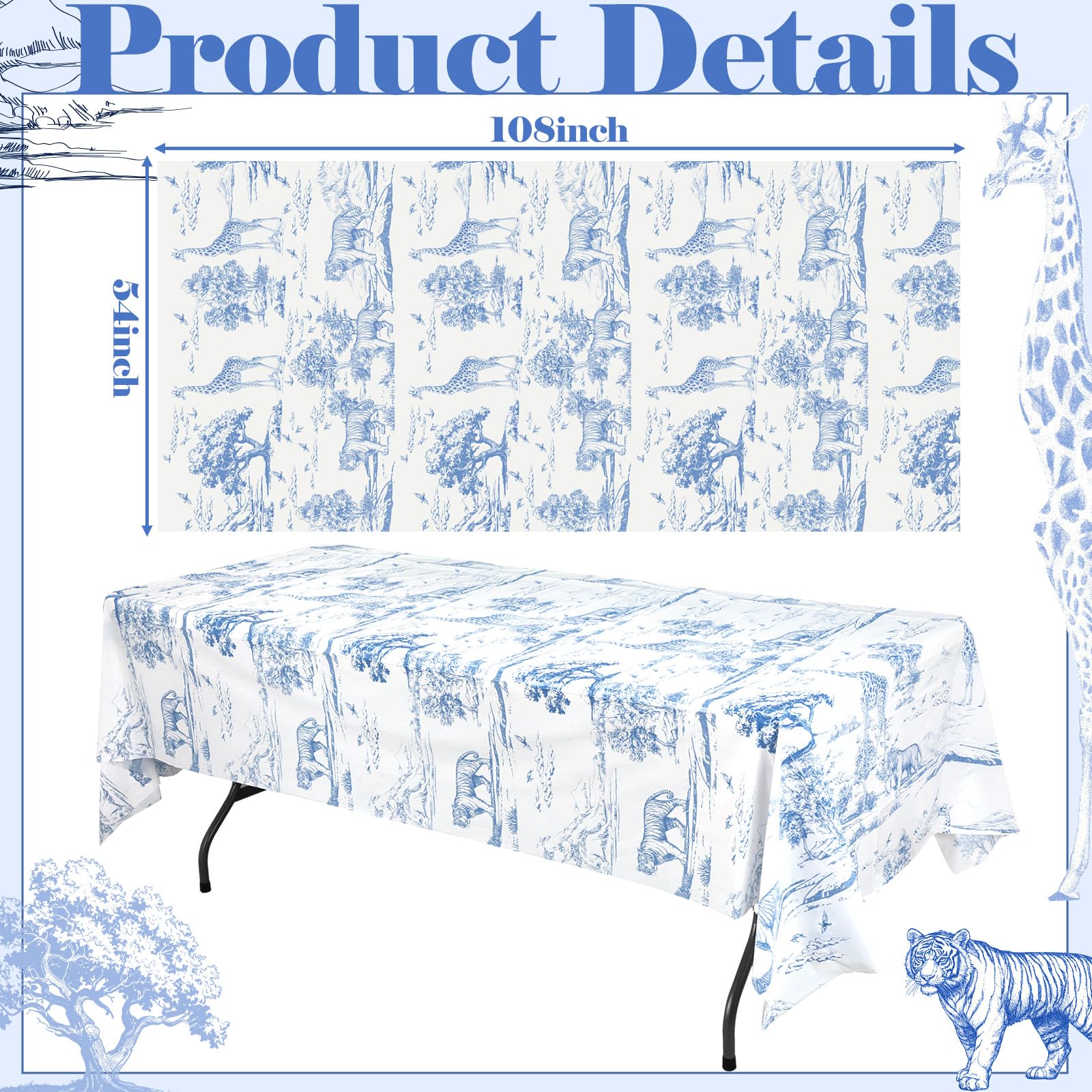 Safari animal tablecloths by Moukeren blue toile de jouy 54x108