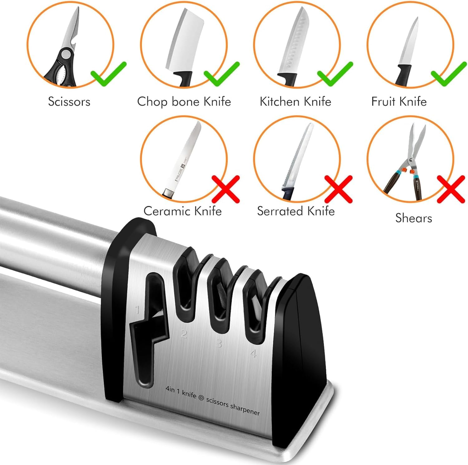Not for ceramic knives or serrated blades