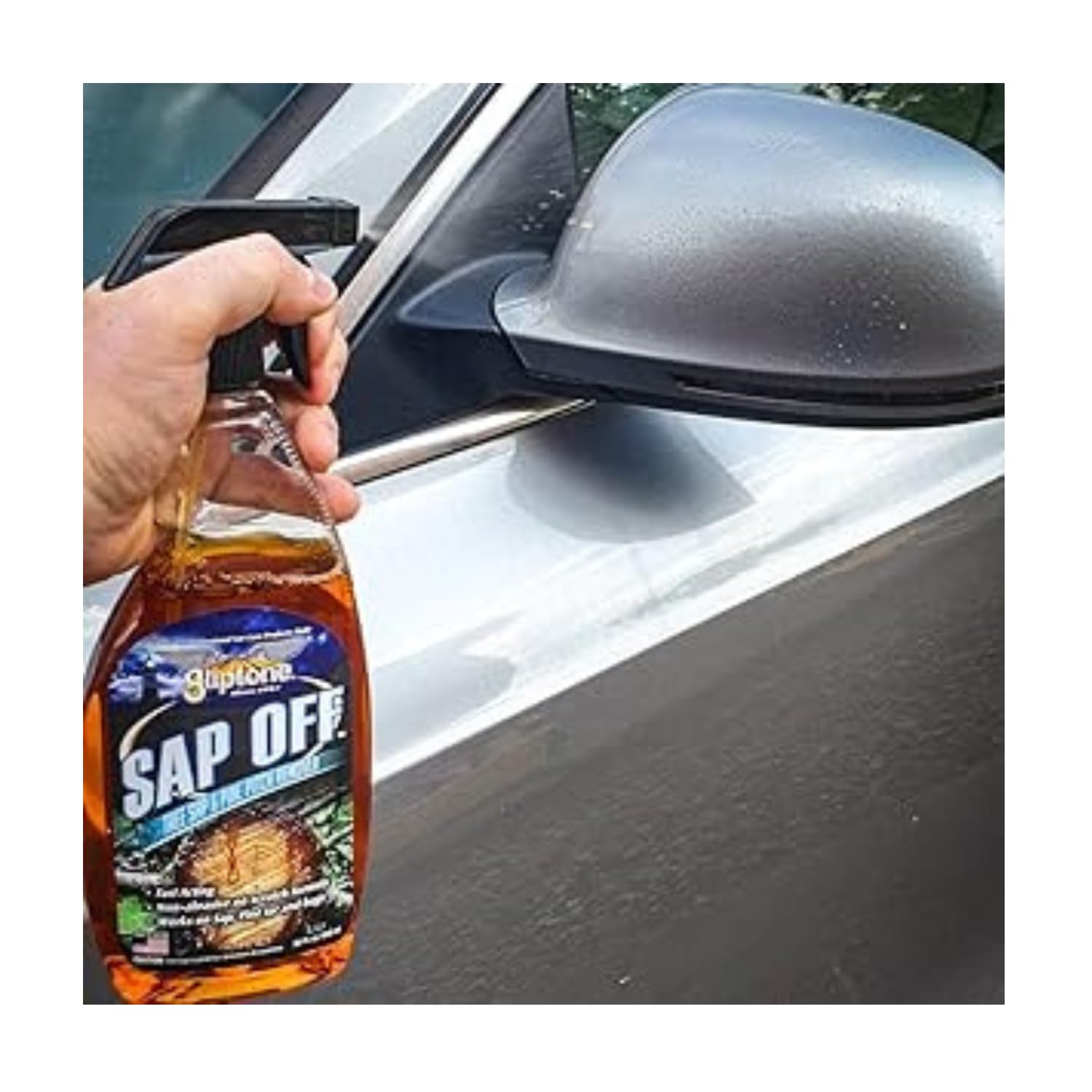 Dried-on sap tar and bug residue removal on exterior car surfaces