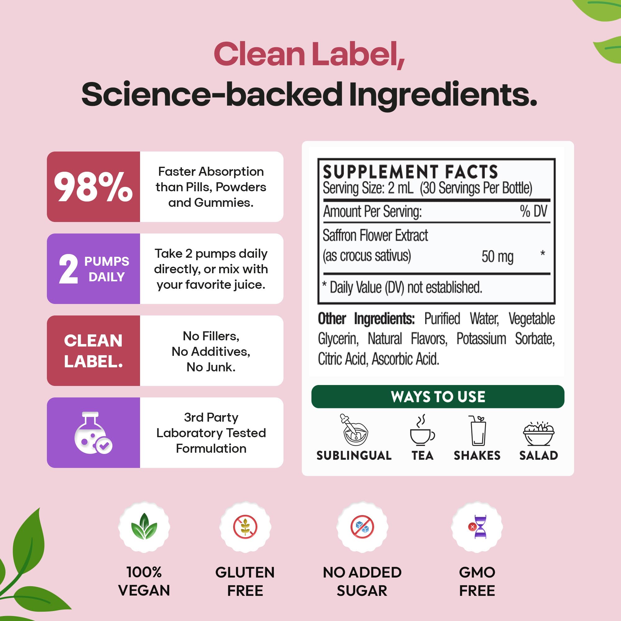 Vegan gluten free GMO free saffron drops label