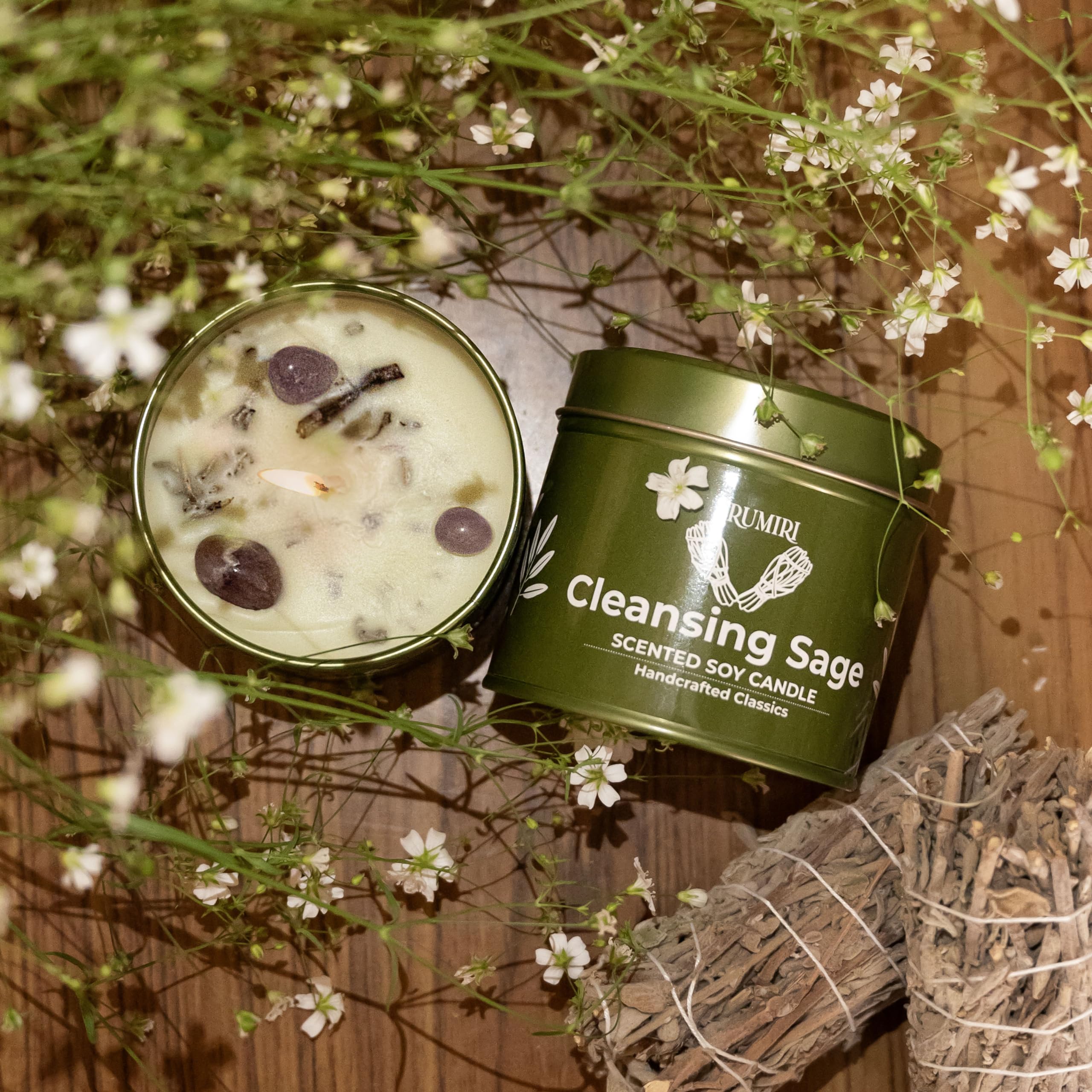 Long lasting scented sage candle close up
