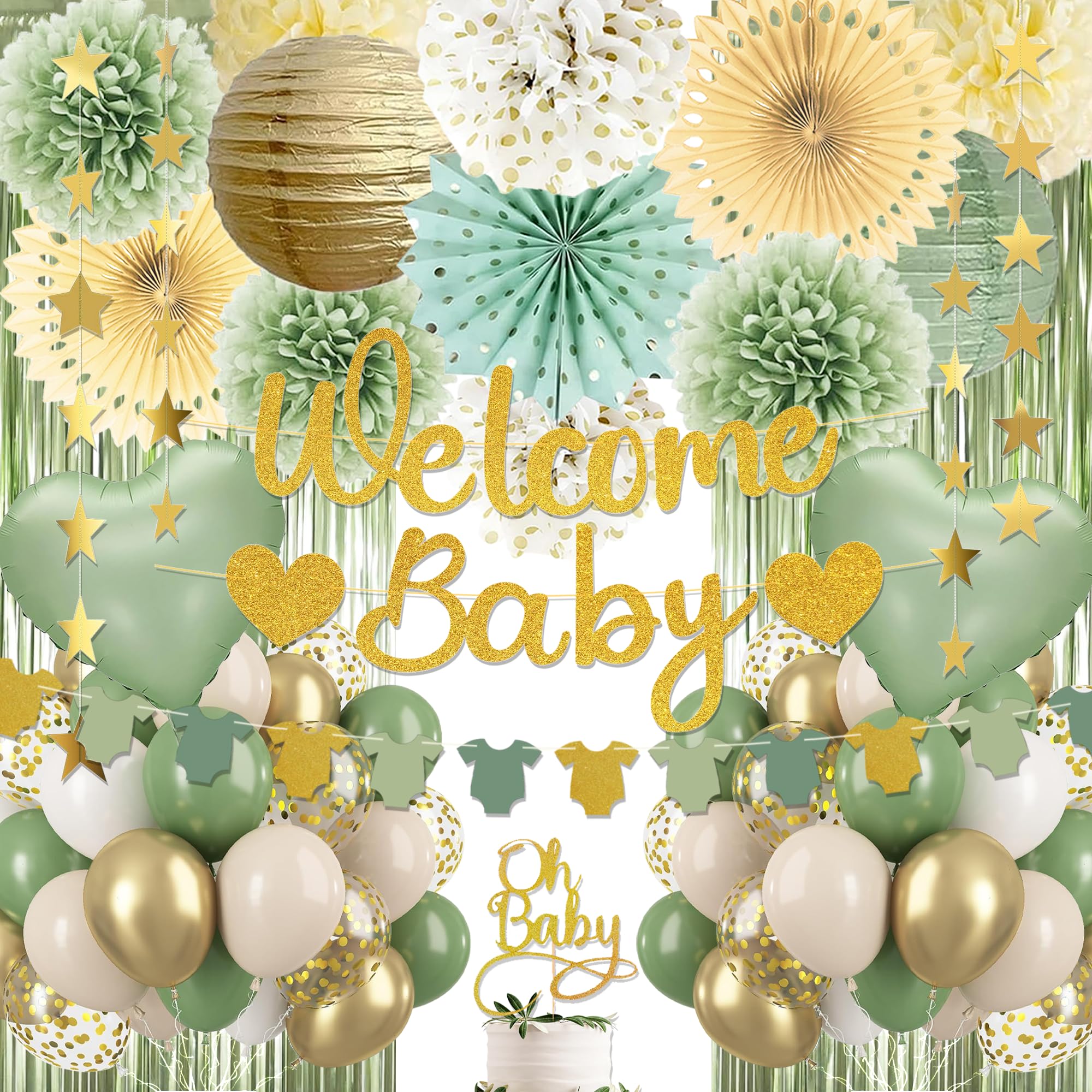 Full Sage Green Baby Shower Decorations set with banner and toppers