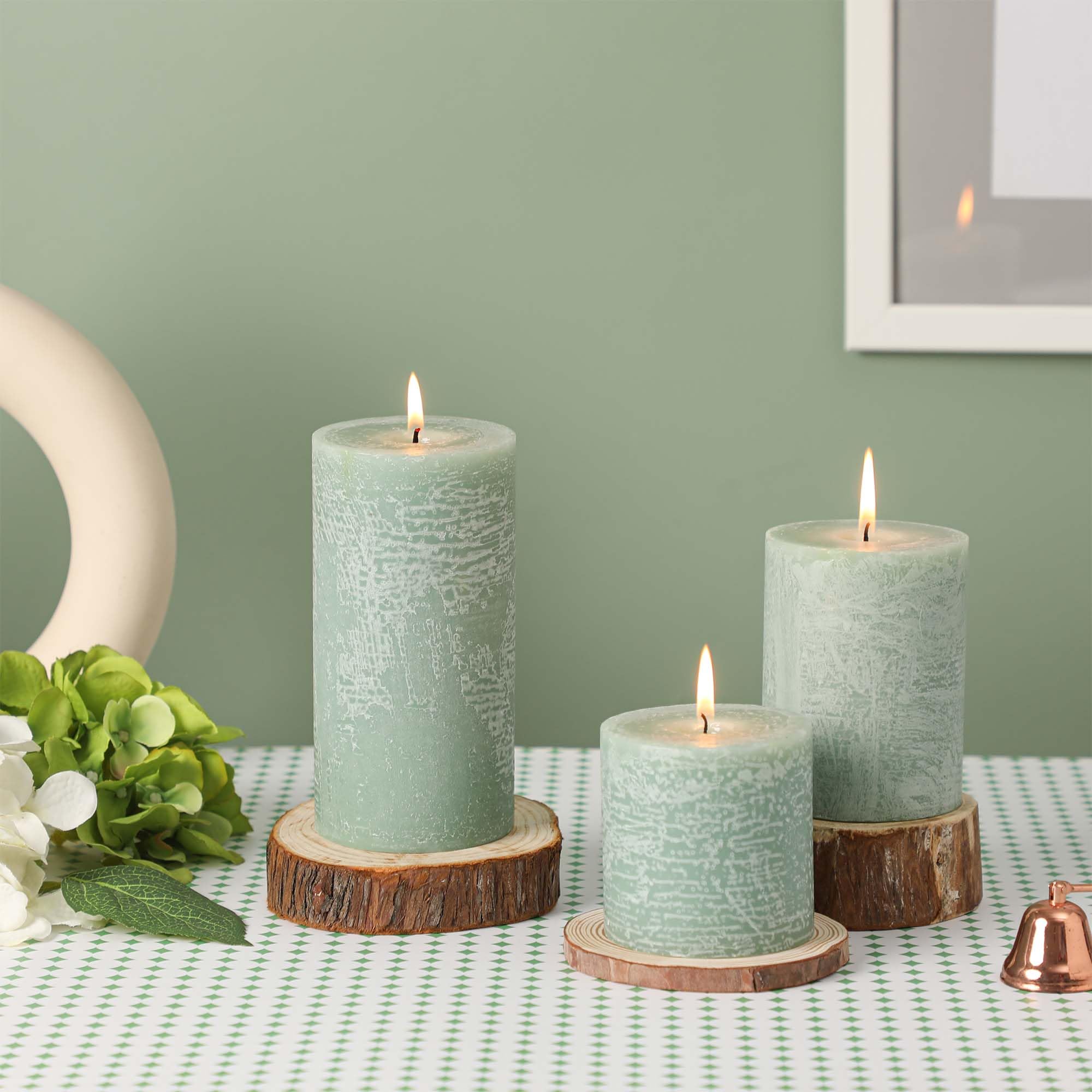 Sage green pillar candles for dining table and mantel decor
