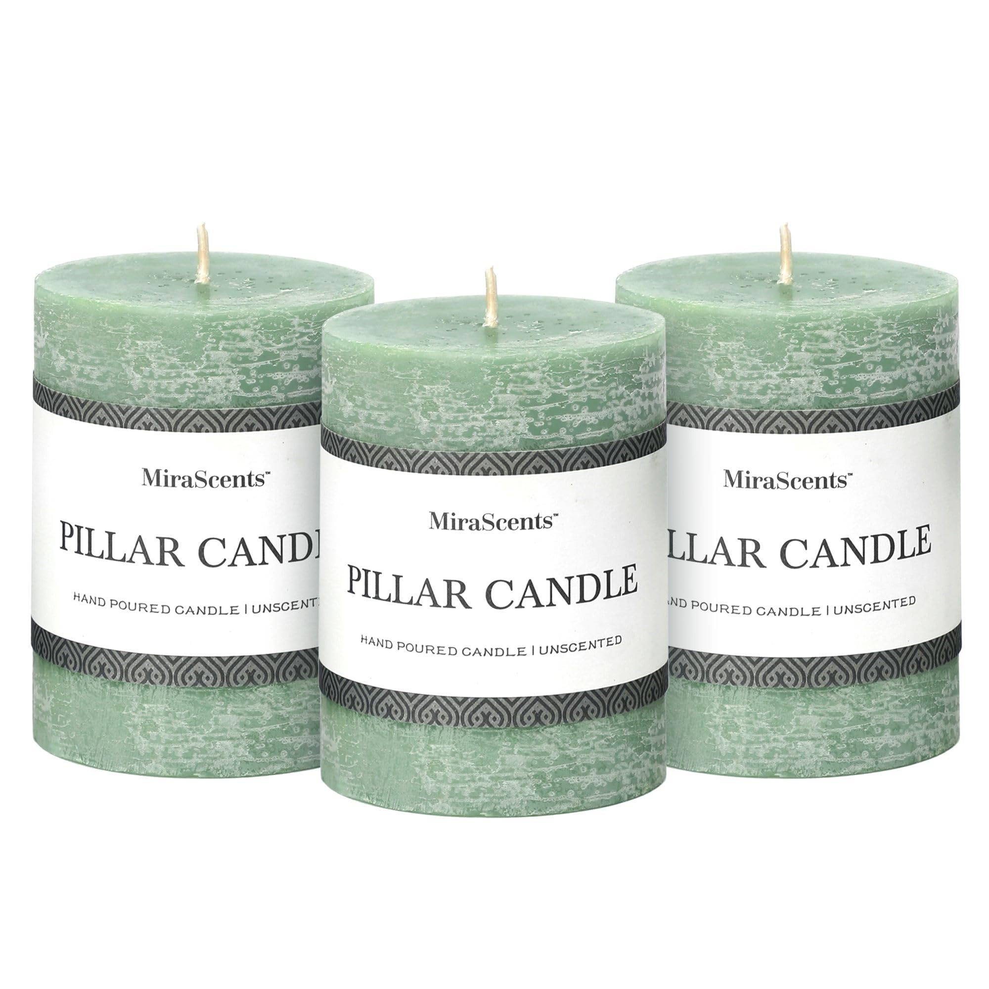 Three sage green 3x4 inch pillar candles in a set of 3