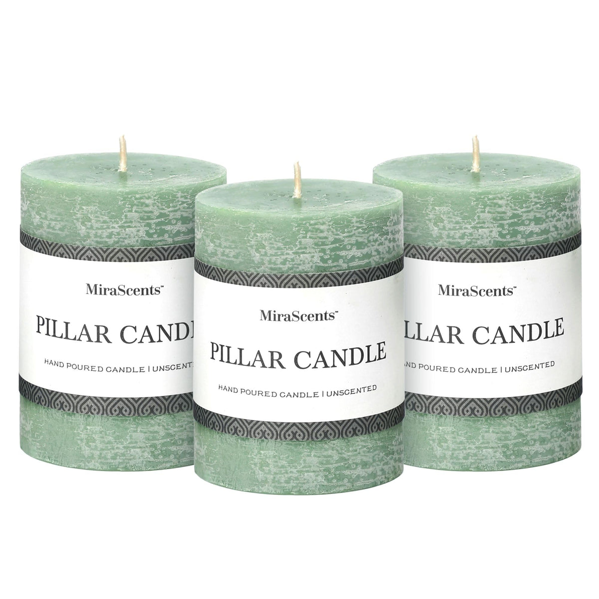 Three sage green 3x4 inch pillar candles in a set of 3