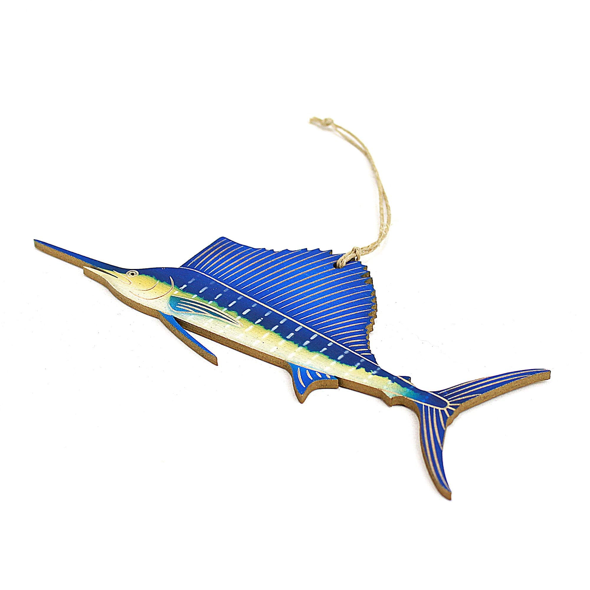 Lightweight and detailed Sailfish Christmas Ornament size 6.5 by 2.75 by 0.125 inches