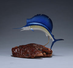 Polished manzanita burl base detail for Sailfish sculpture