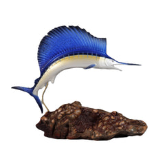 Sailfish Sculpture by John Perry on polished burlwood base