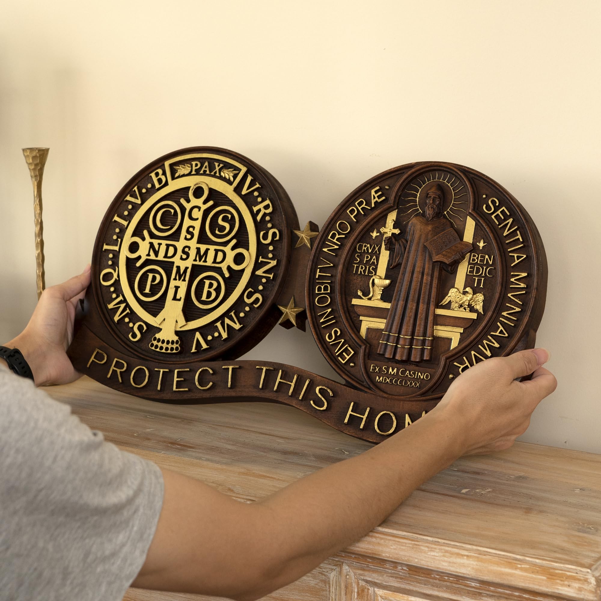 Saint Benedict Medal Plaque made of European beech wood