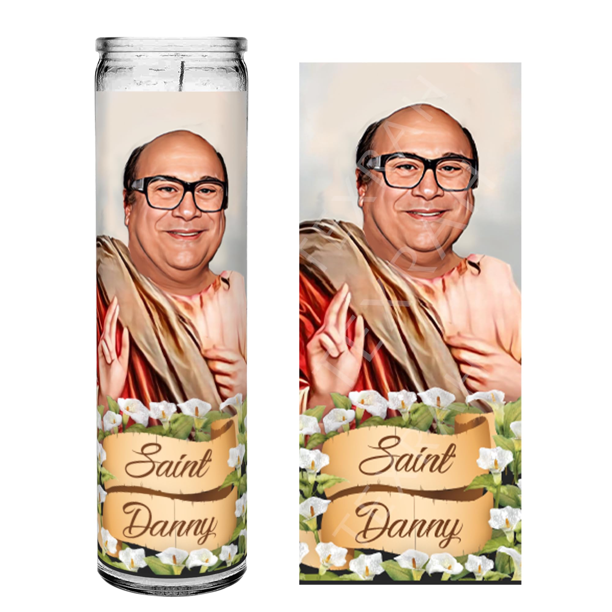 Saint Danny DeVito candle artwork 8 inch height
