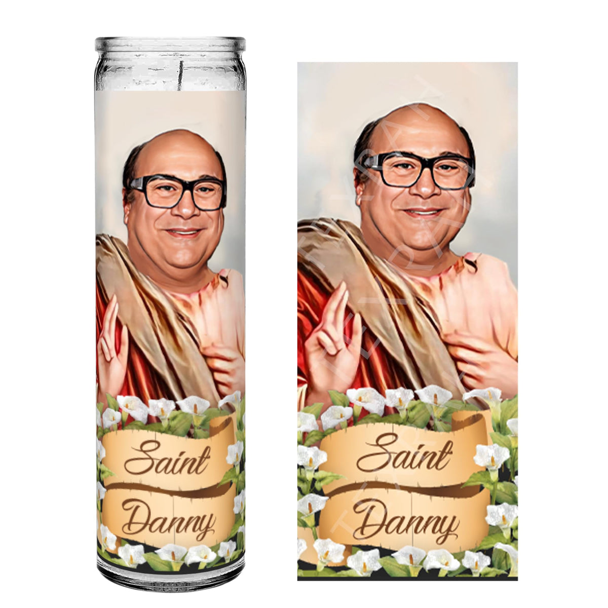 Saint Danny DeVito candle artwork 8 inch height