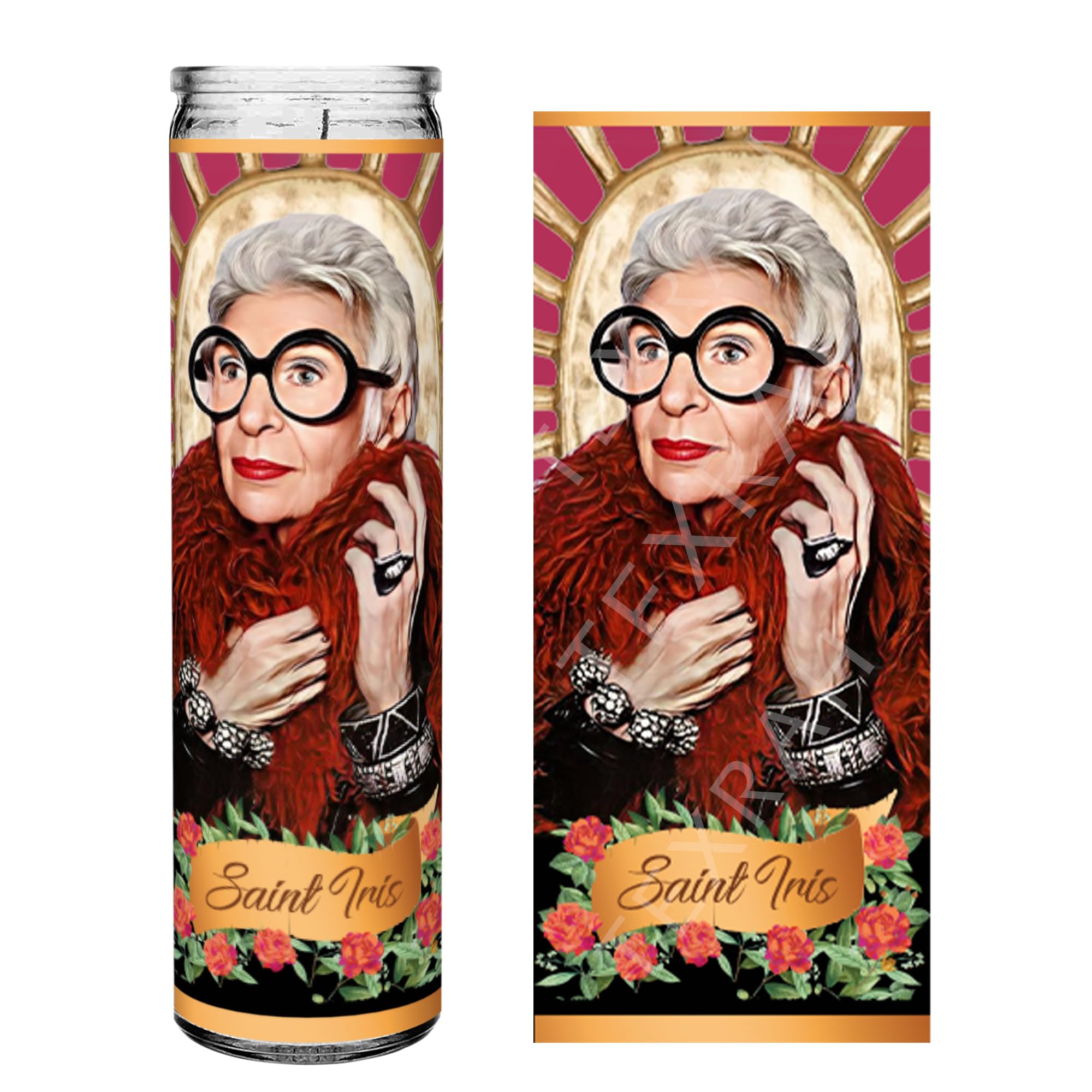 Saint Iris Apfel candle 8in height with original artwork