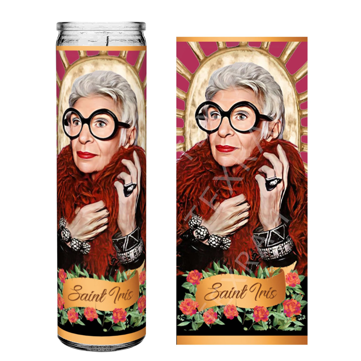 Saint Iris Apfel candle 8in height with original artwork