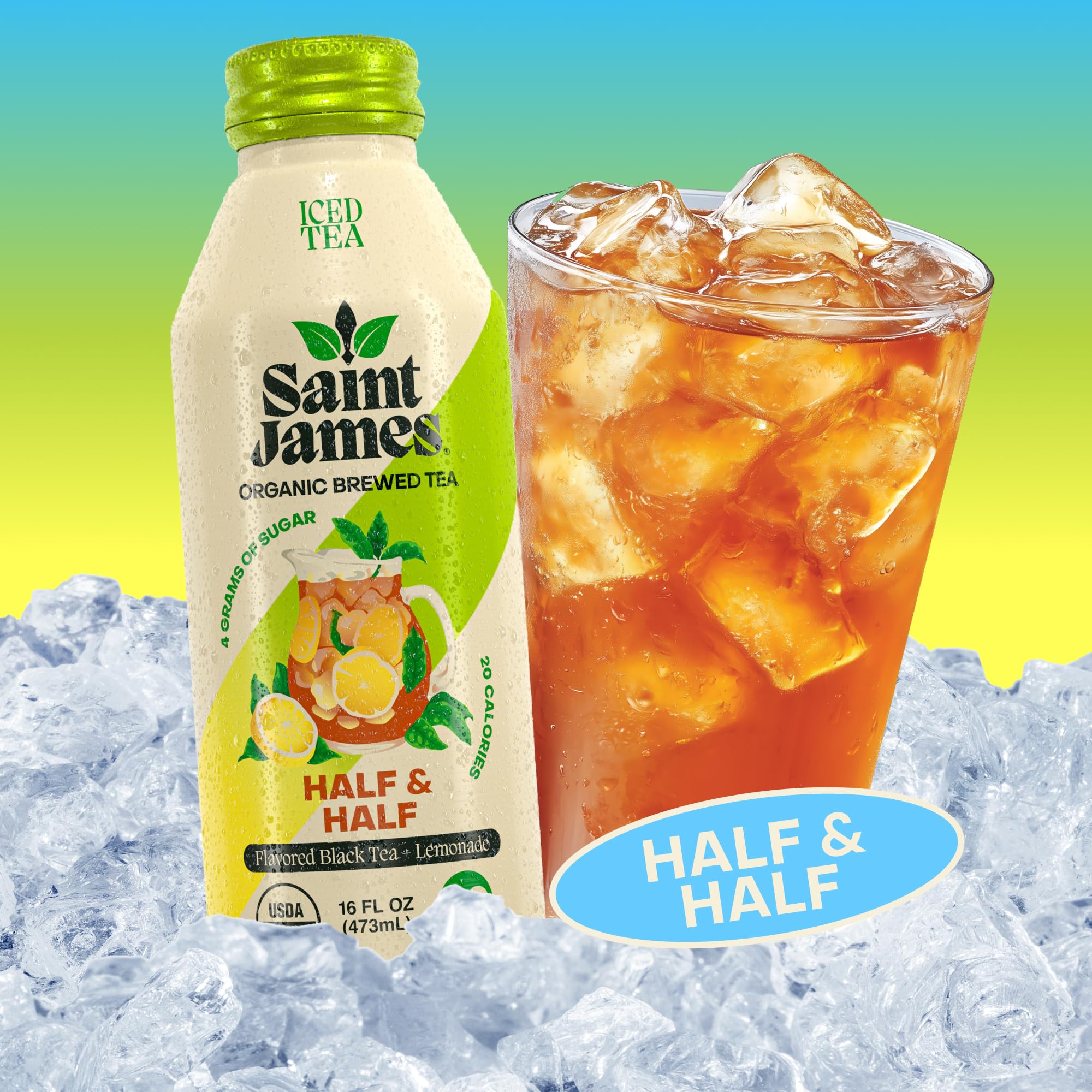 Saint James non-GMO gluten-free label on iced tea