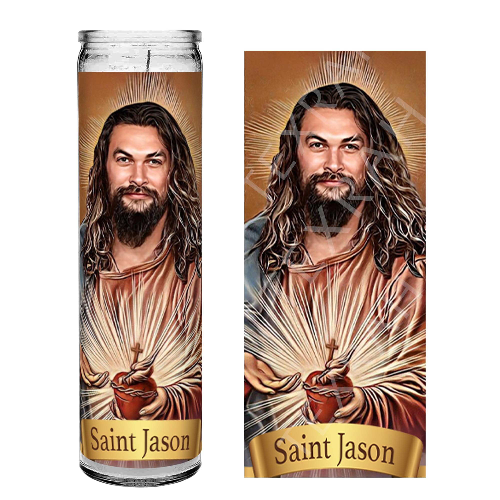 Saint Jason Momoa celebrity prayer altar candle 8 inch tall